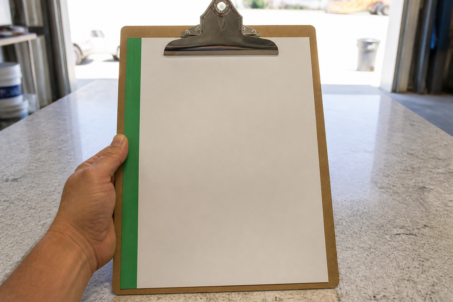 A hand holding a clipboard with blank paper.