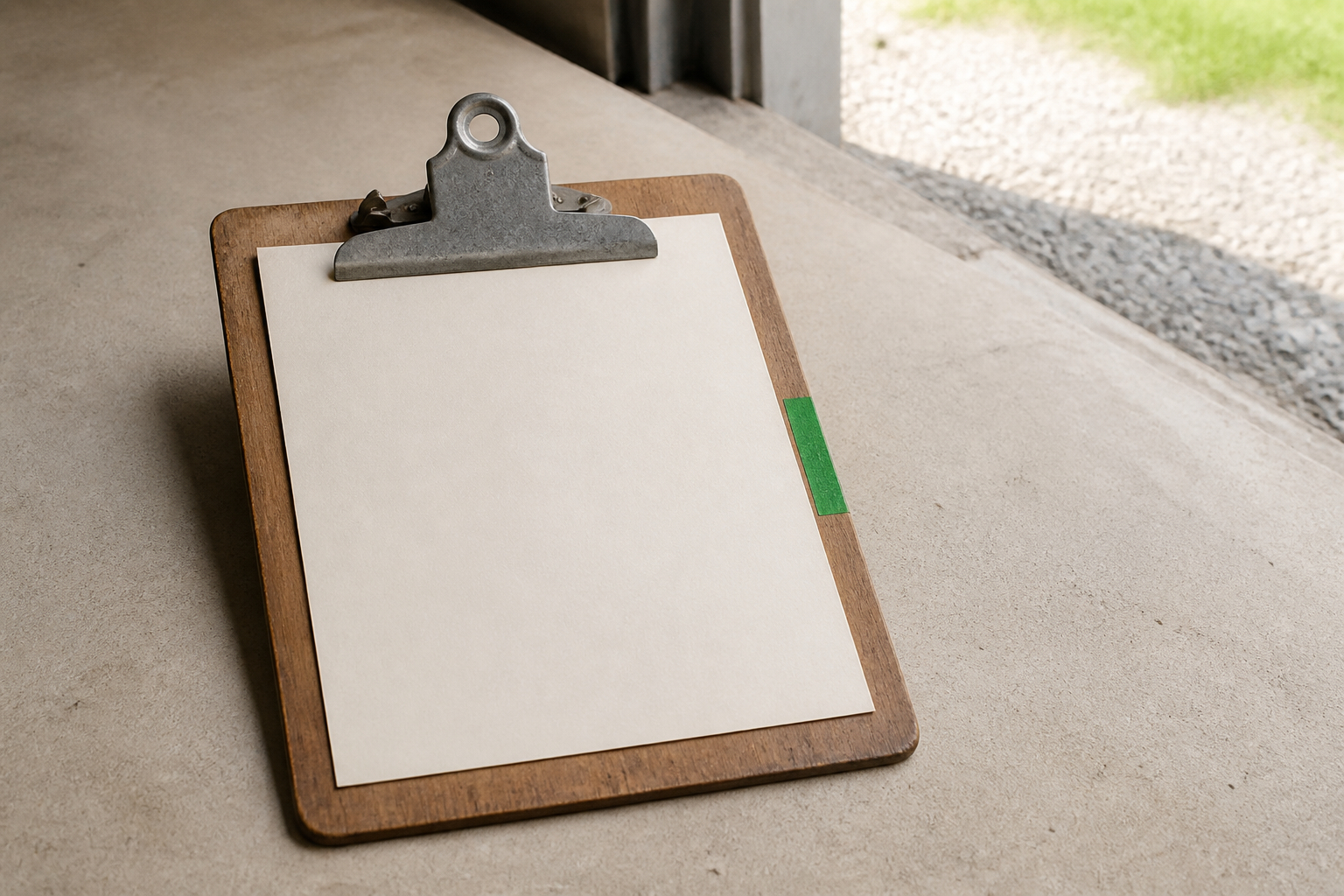 Wooden clipboard with a blank sheet on gypsum, late-morning open bay.